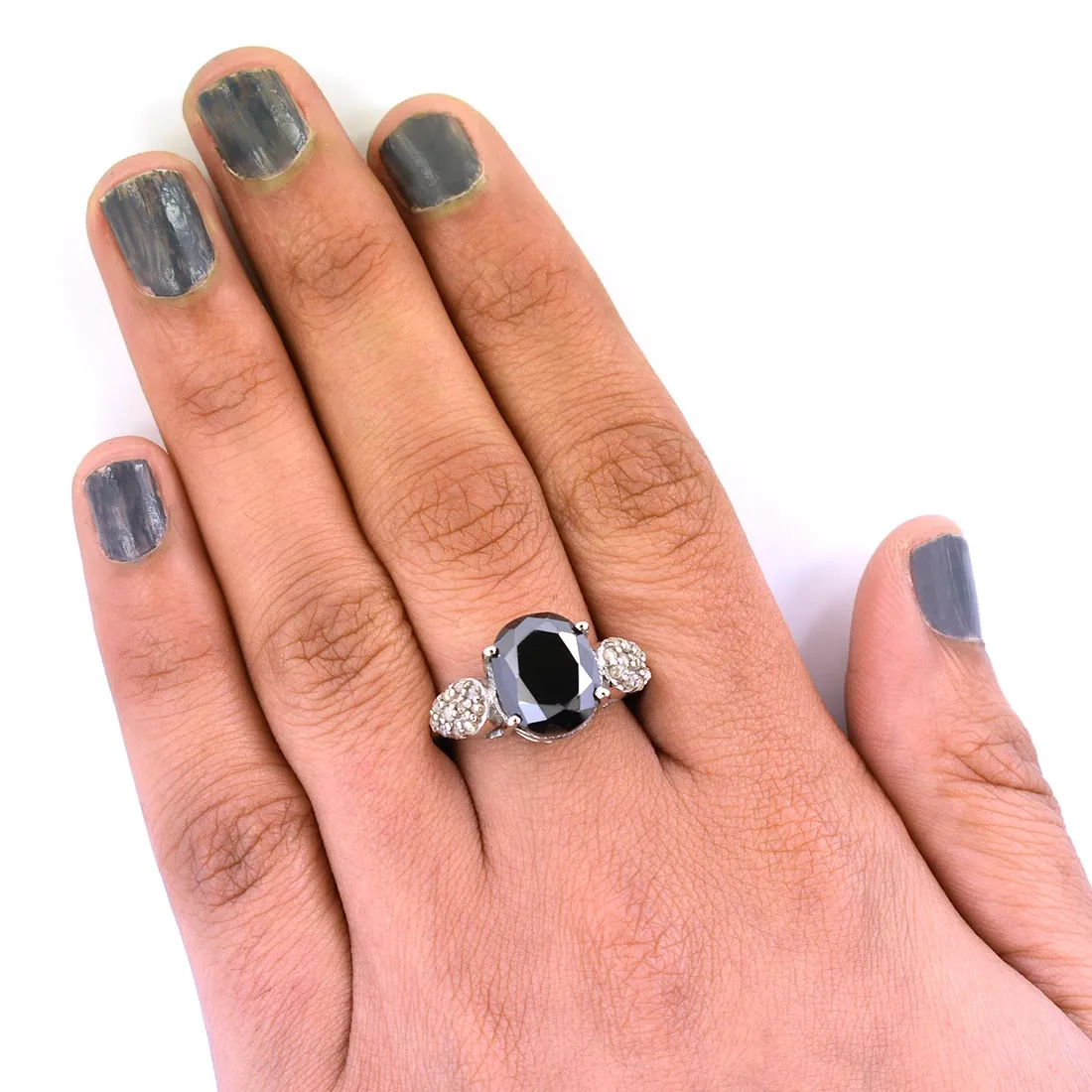 4.50 Ct Oval Shape Black Diamond Designer Ring With Rose Cut Diamond Accents, Very Elegant & Great Shine