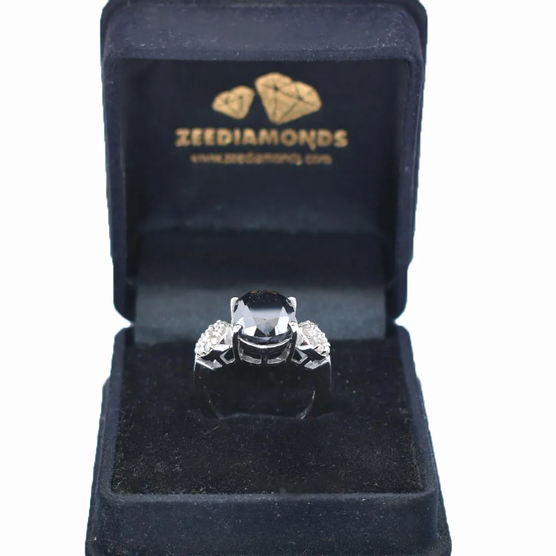 4.50 Ct Oval Shape Black Diamond Designer Ring With Rose Cut Diamond Accents, Very Elegant & Great Shine