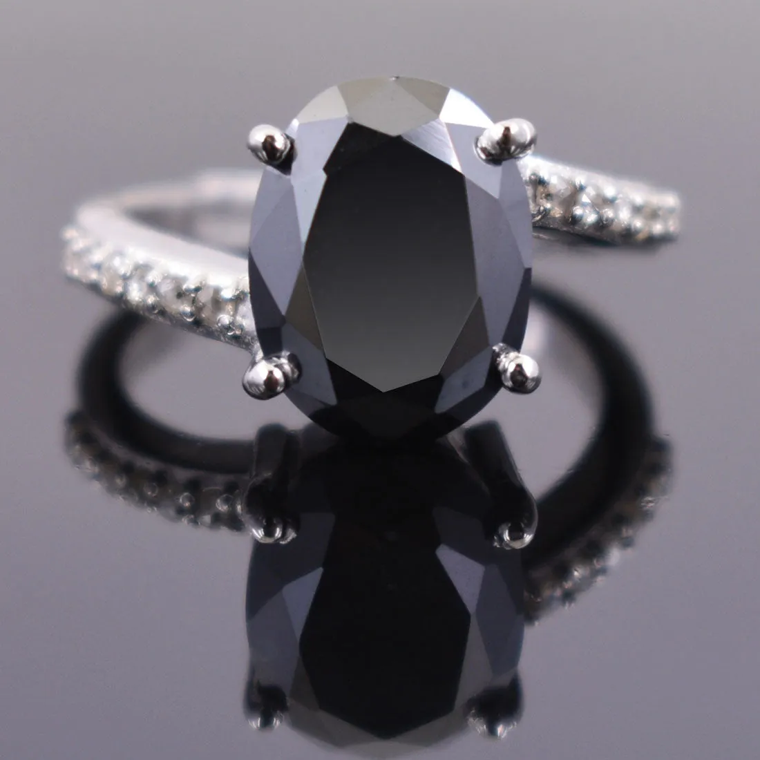 5 Ct Oval Shape Black Diamond Promise Ring With Diamond Accents, Very Elegant & Great Sparkle