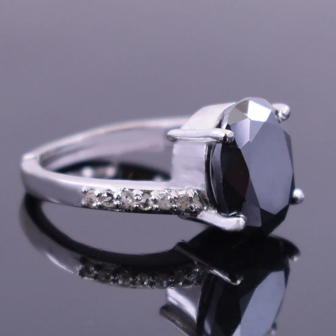 5 Ct Oval Shape Black Diamond Promise Ring With Diamond Accents, Very Elegant & Great Sparkle
