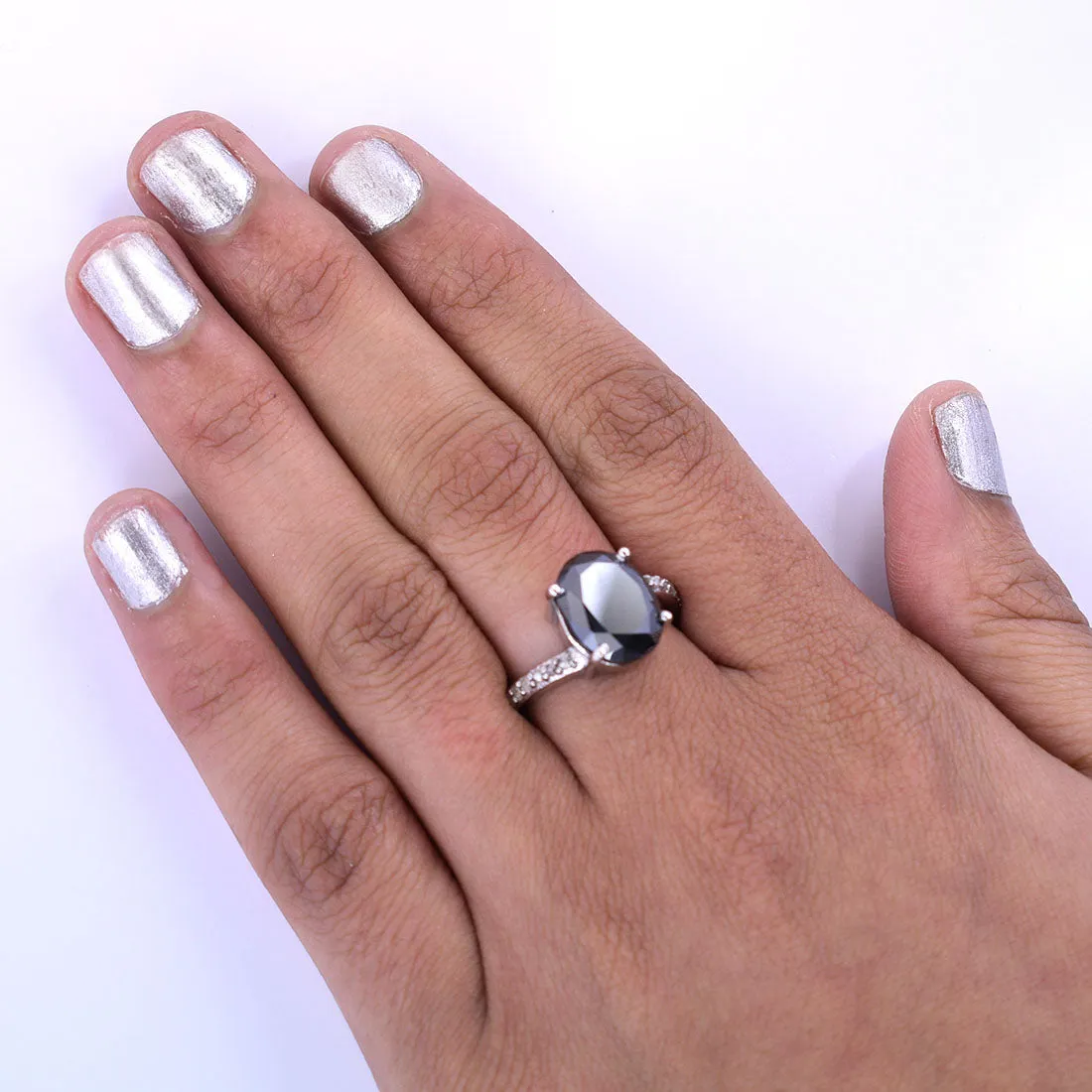 5 Ct Oval Shape Black Diamond Promise Ring With Diamond Accents, Very Elegant & Great Sparkle