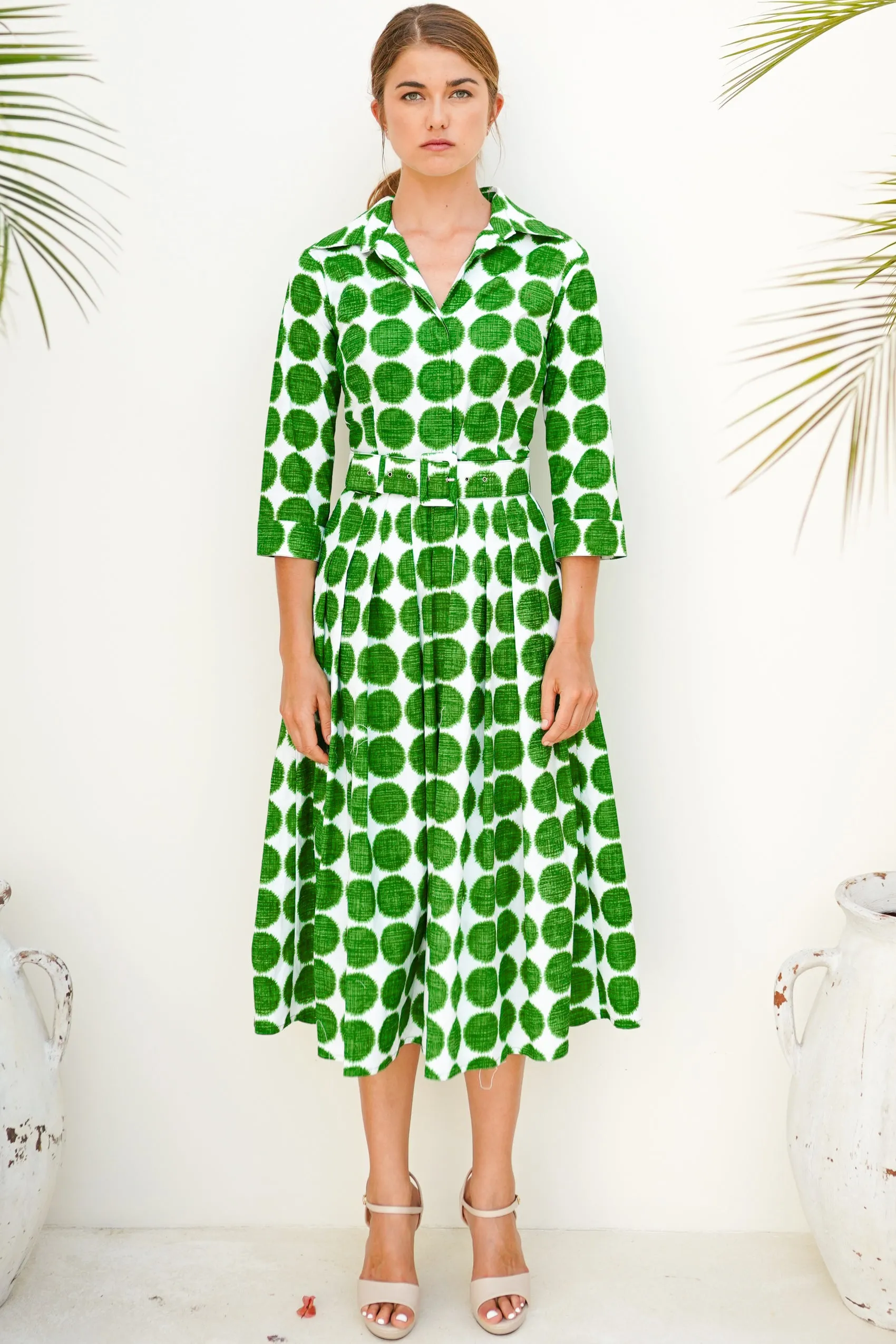 Audrey Dress #4 Shirt Collar 3/4 Sleeve Long Length Cotton Musola (Fuzzy Dots Small)