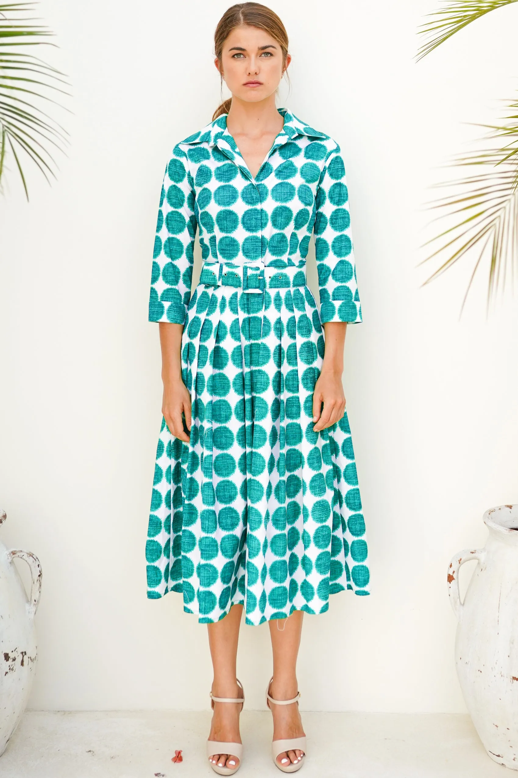 Audrey Dress #4 Shirt Collar 3/4 Sleeve Long Length Cotton Musola (Fuzzy Dots Small)