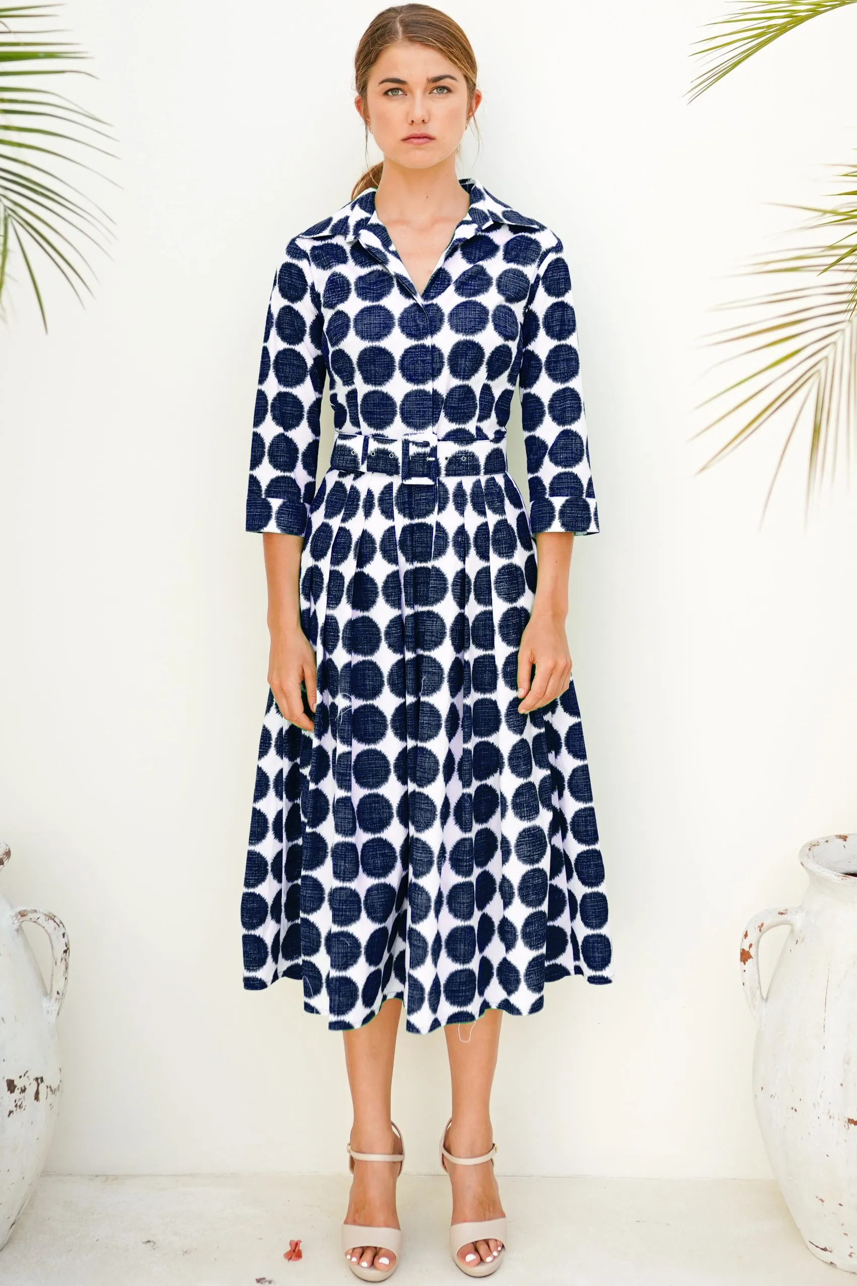 Audrey Dress #4 Shirt Collar 3/4 Sleeve Long Length Cotton Musola (Fuzzy Dots Small)