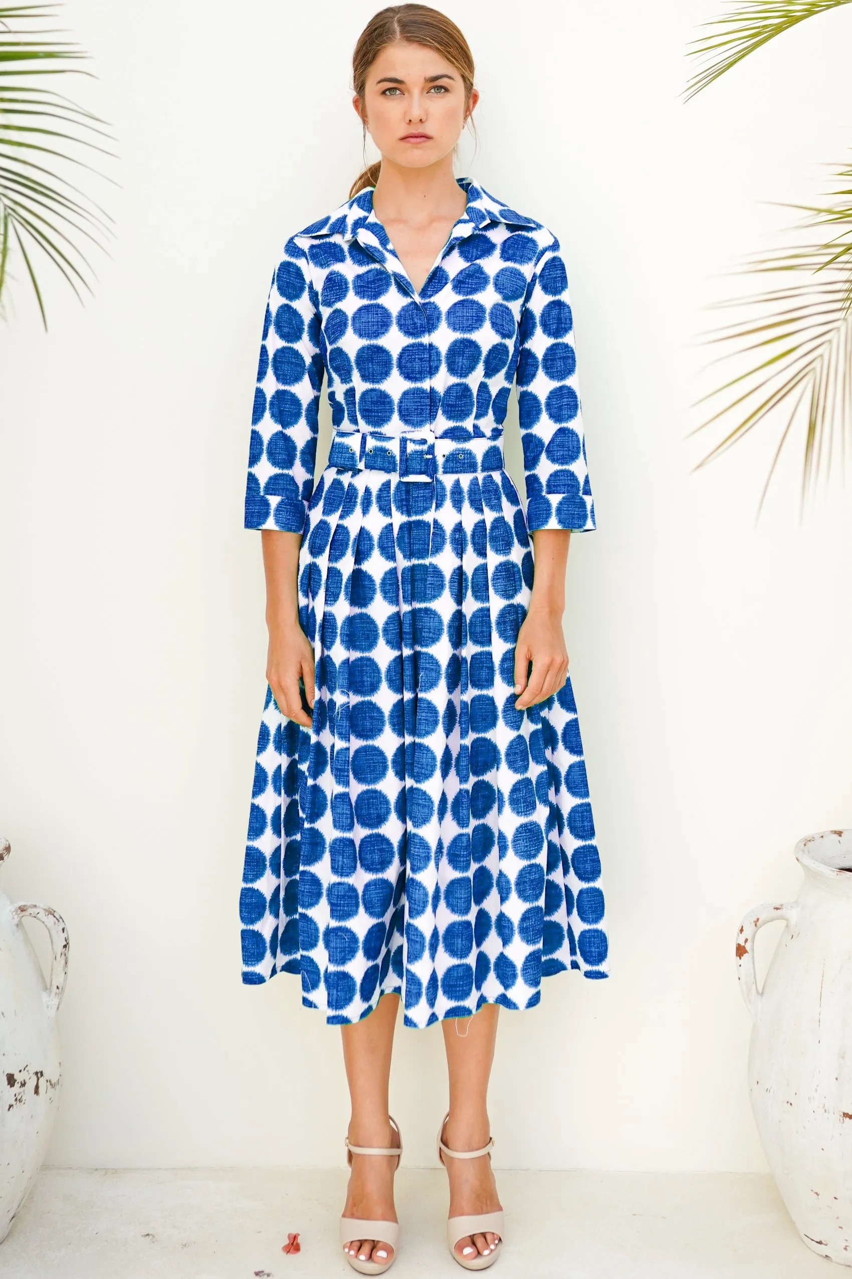 Audrey Dress #4 Shirt Collar 3/4 Sleeve Long Length Cotton Musola (Fuzzy Dots Small)