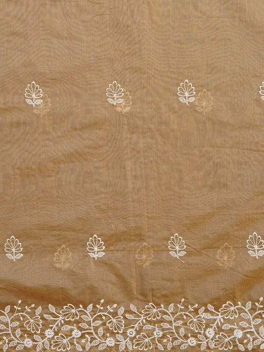 Beige Unstitched Embroidered Cotton Blend Dress Material With Dupatta