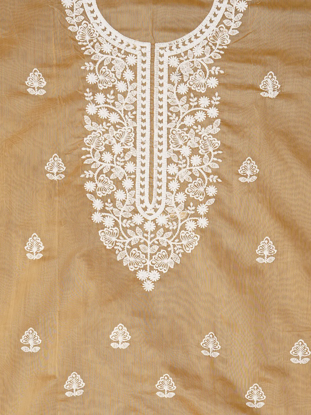 Beige Unstitched Embroidered Cotton Blend Dress Material With Dupatta