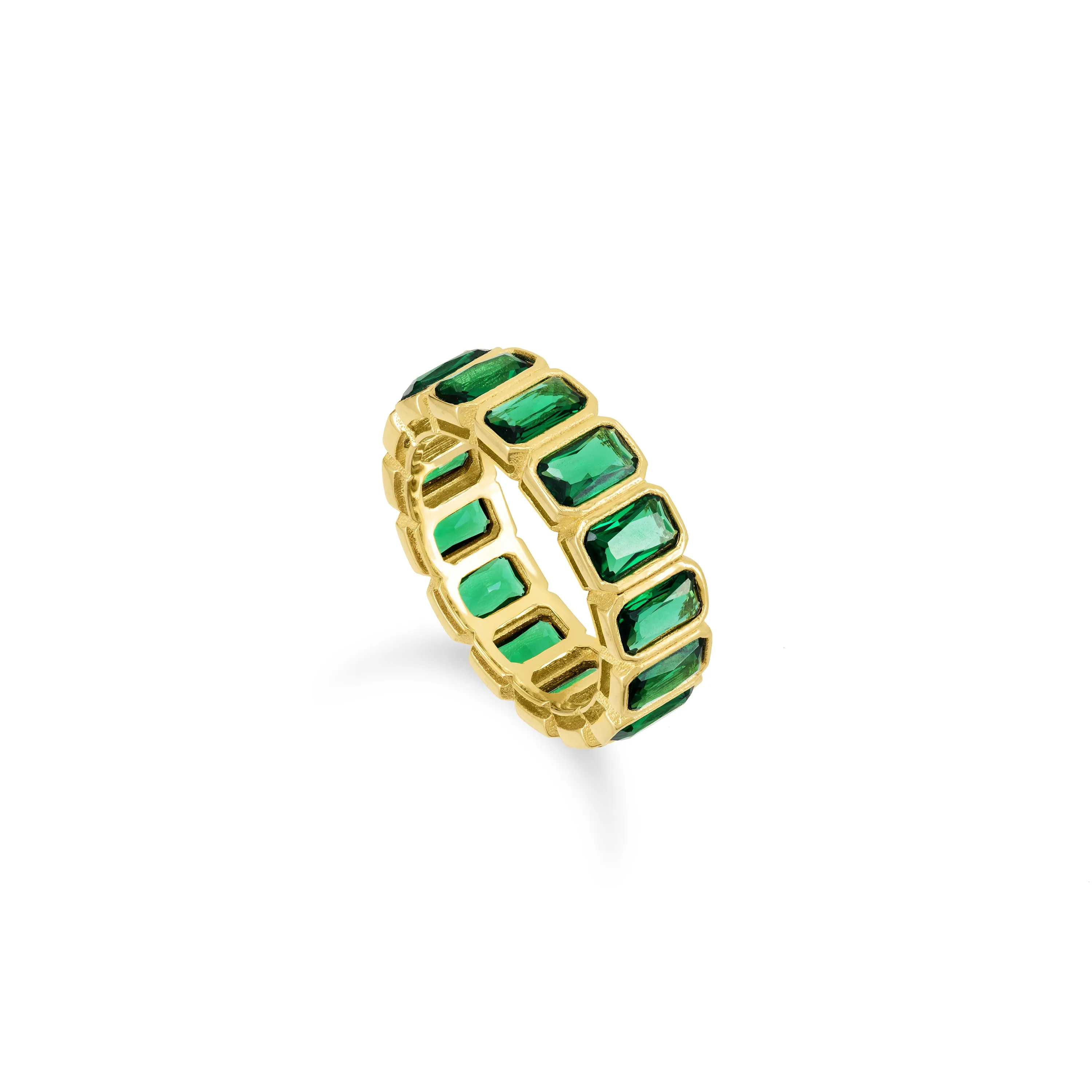 Bezel Emerald Cut Eternity Ring - Gold Green