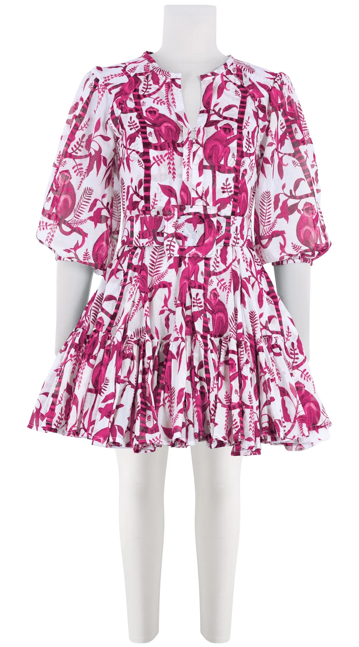 Birdy Dress #2 Crew Neck Tie 3/4 Puff Sleeve Mini Length Cotton Musola (Botanical Monkey)