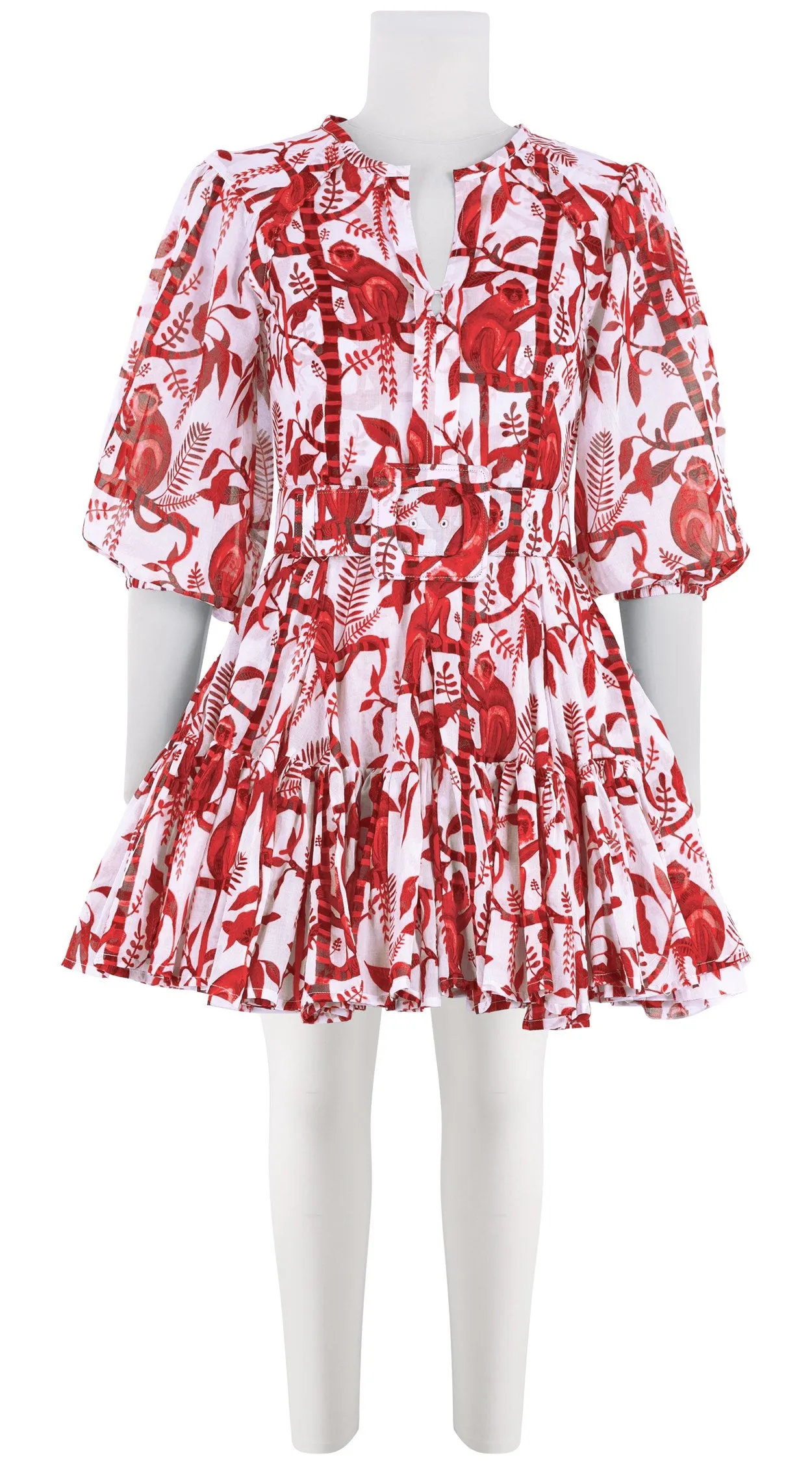 Birdy Dress #2 Crew Neck Tie 3/4 Puff Sleeve Mini Length Cotton Musola (Botanical Monkey)