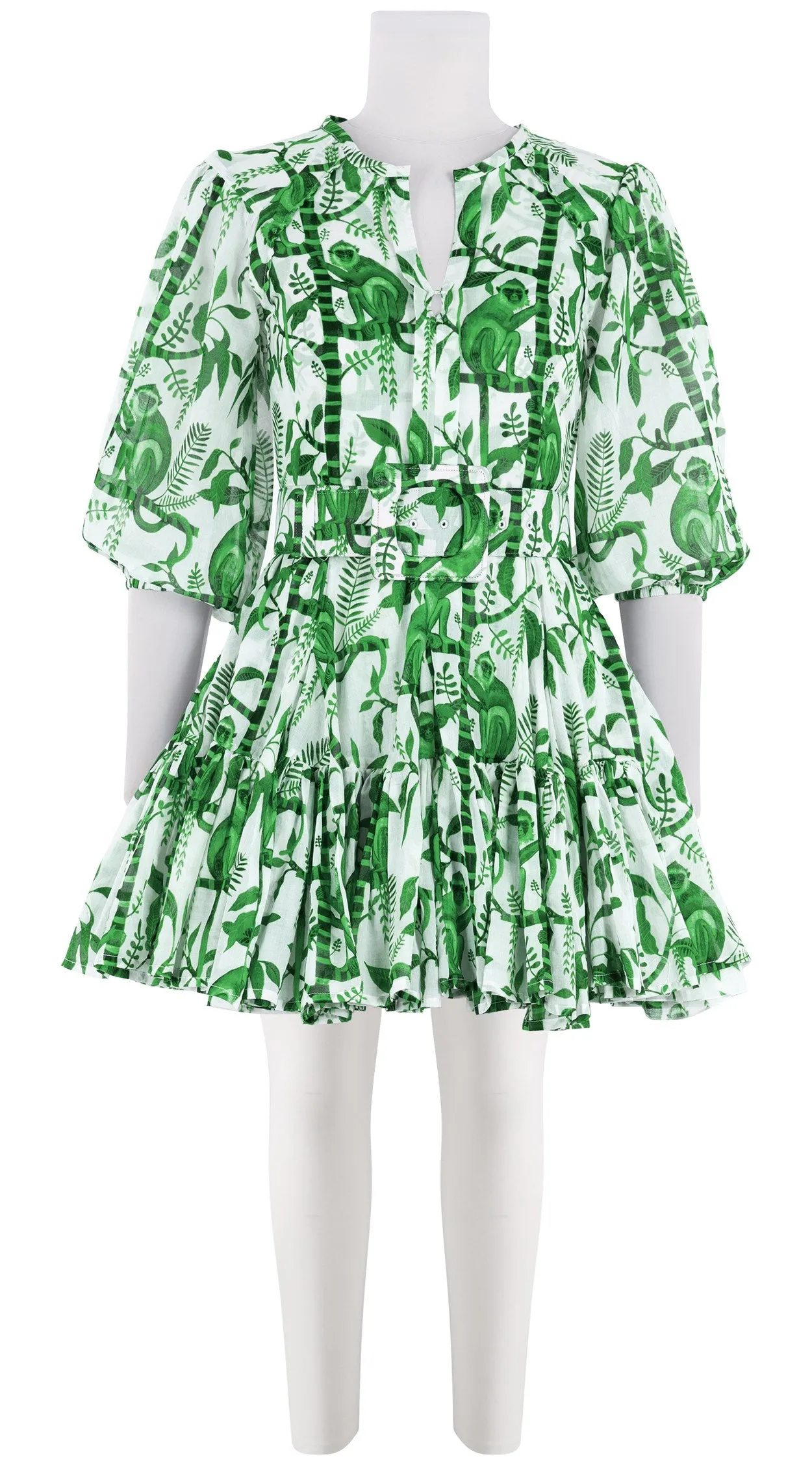 Birdy Dress #2 Crew Neck Tie 3/4 Puff Sleeve Mini Length Cotton Musola (Botanical Monkey)