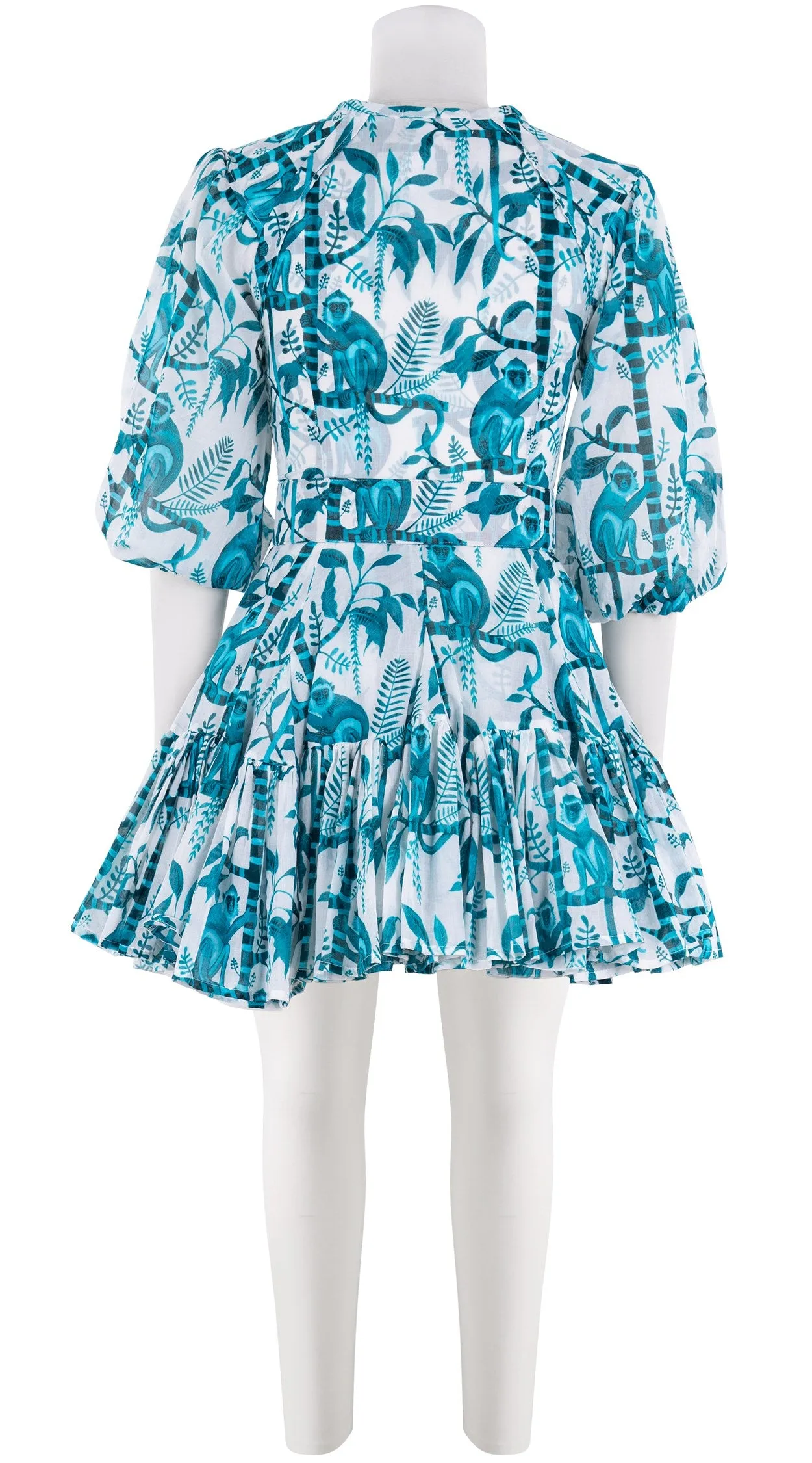 Birdy Dress #2 Crew Neck Tie 3/4 Puff Sleeve Mini Length Cotton Musola (Botanical Monkey)