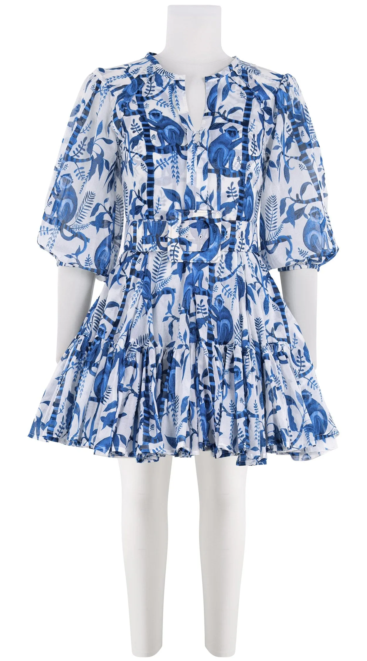 Birdy Dress #2 Crew Neck Tie 3/4 Puff Sleeve Mini Length Cotton Musola (Botanical Monkey)