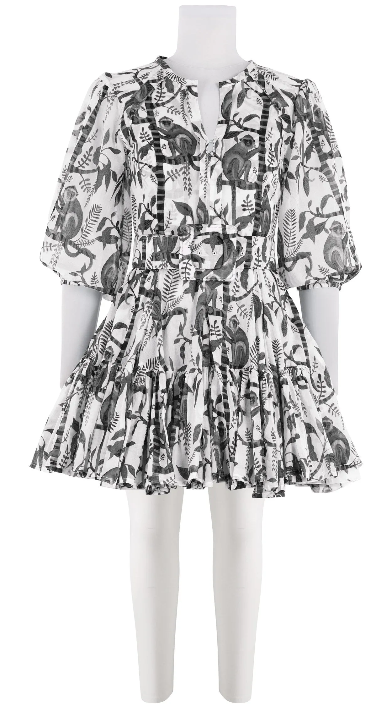 Birdy Dress #2 Crew Neck Tie 3/4 Puff Sleeve Mini Length Cotton Musola (Botanical Monkey)