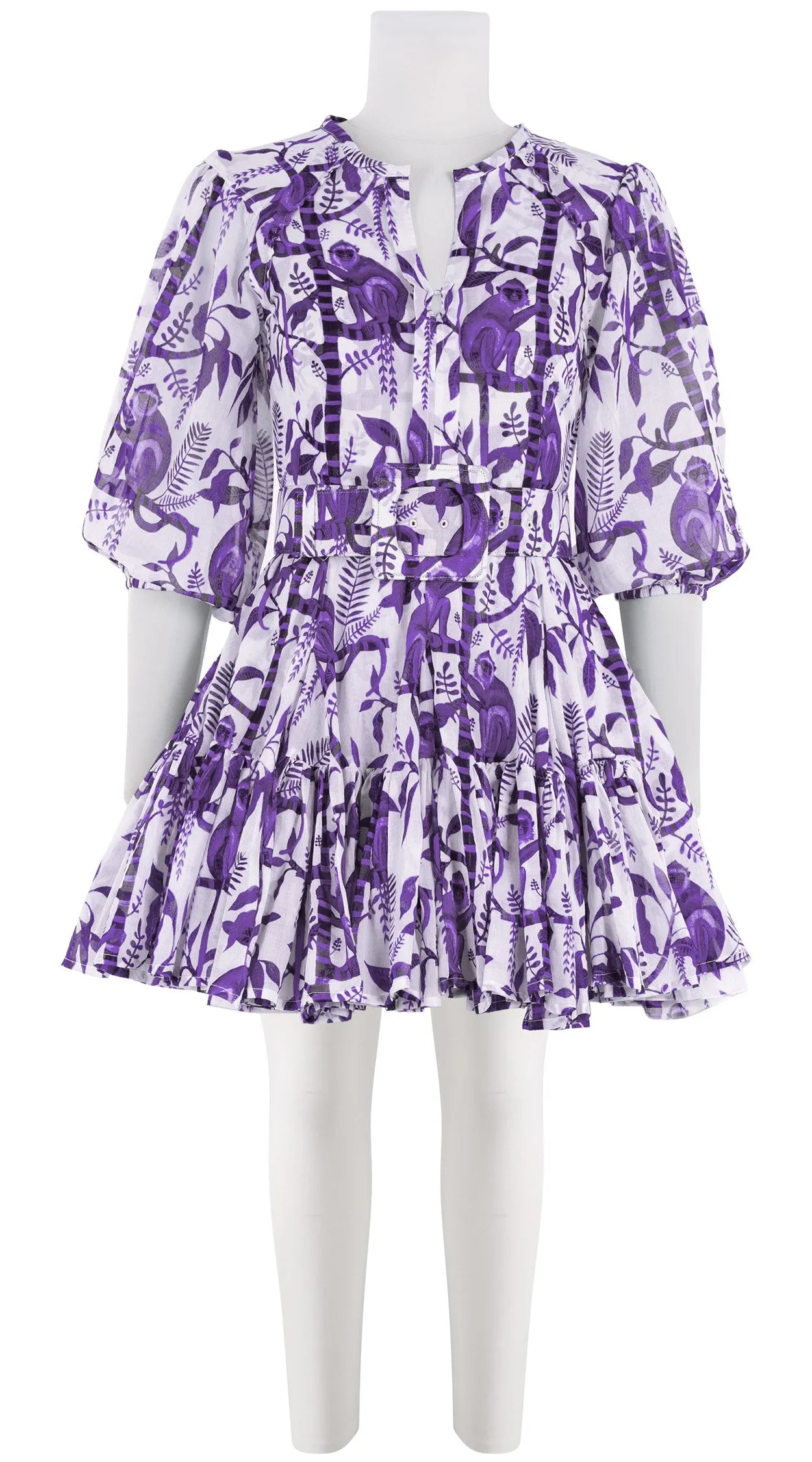 Birdy Dress #2 Crew Neck Tie 3/4 Puff Sleeve Mini Length Cotton Musola (Botanical Monkey)
