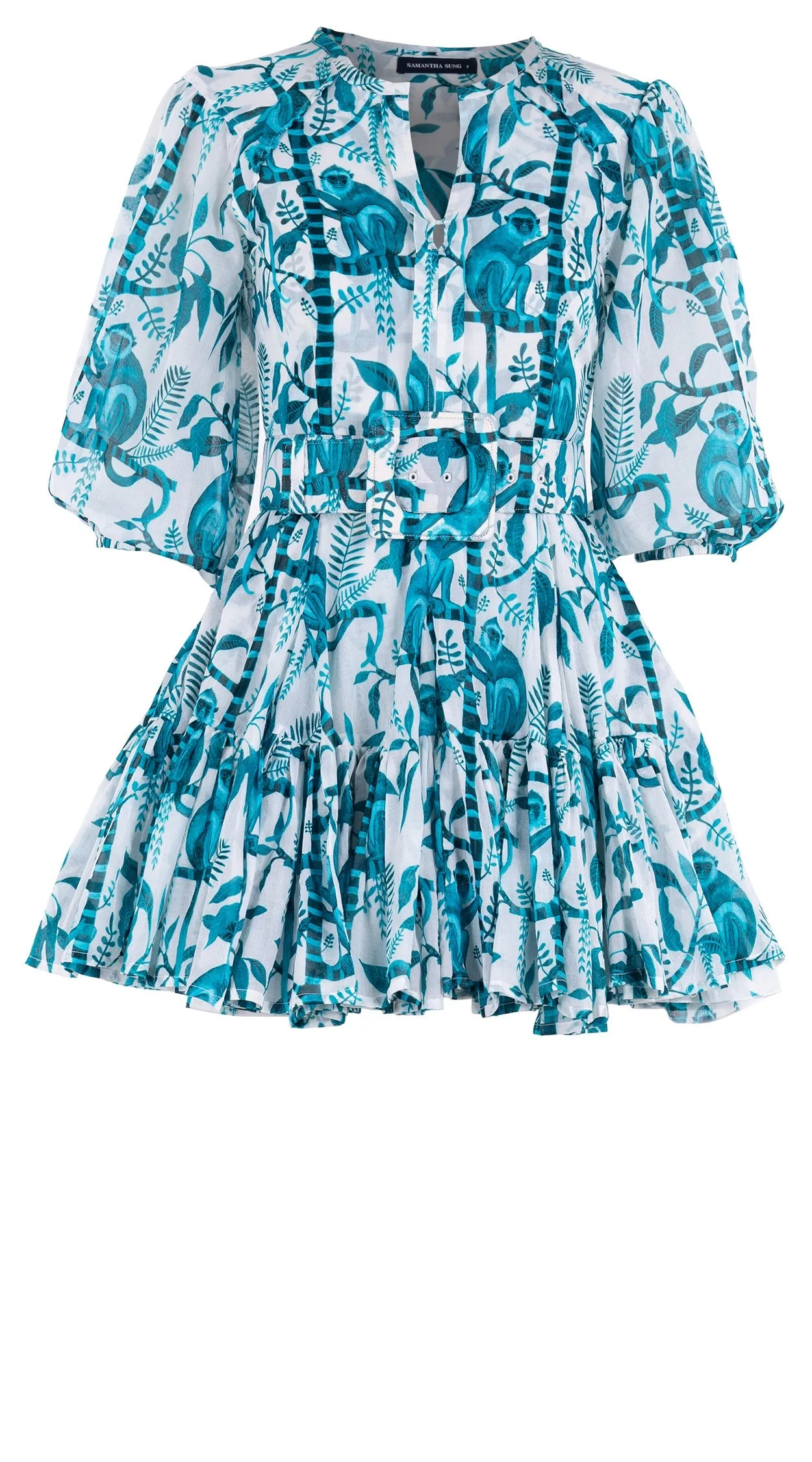 Birdy Dress #2 Crew Neck Tie 3/4 Puff Sleeve Mini Length Cotton Musola (Botanical Monkey)