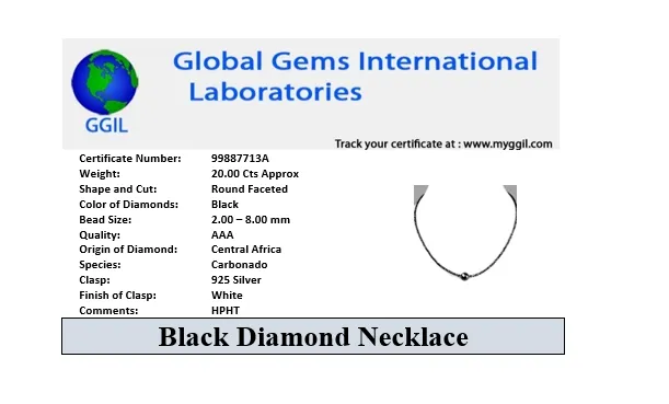 Certified 5mm-6mm Rough Black Diamond Unisex Necklace in 925 Silver Clasp. Great Shine & Luster.