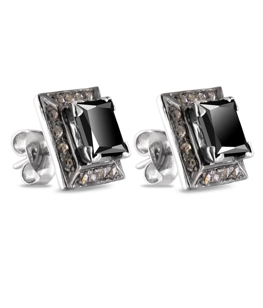 Certified Princess Cut Black Diamond Solitaire Studs with Diamond Accents, Great Sparkle & Luster