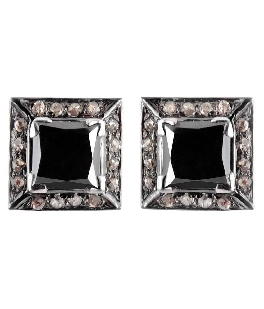 Certified Princess Cut Black Diamond Solitaire Studs with Diamond Accents, Great Sparkle & Luster