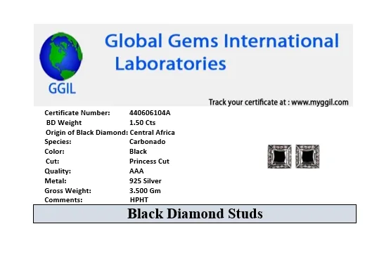 Certified Princess Cut Black Diamond Solitaire Studs with Diamond Accents, Great Sparkle & Luster