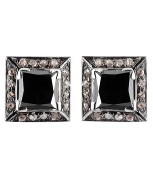 Certified Princess Cut Black Diamond Solitaire Studs with Diamond Accents, Great Sparkle & Luster
