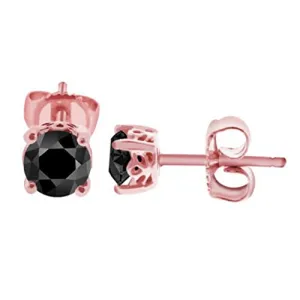 Certified Round Brilliant Cut Black Diamond Solitaire Studs in Rose Gold Finish, Ideal Gift for Anniversary, Birthday