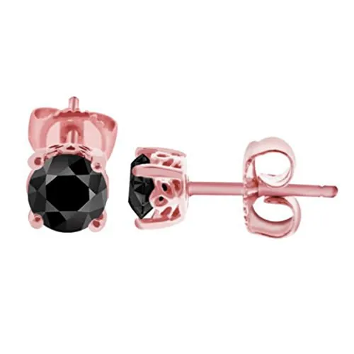 Certified Round Brilliant Cut Black Diamond Solitaire Studs in Rose Gold Finish, Ideal Gift for Anniversary, Birthday