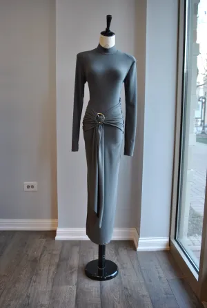 CLEARANCE - GREY MIDI SIMPLE DRESS WITH FRONT RUSHING