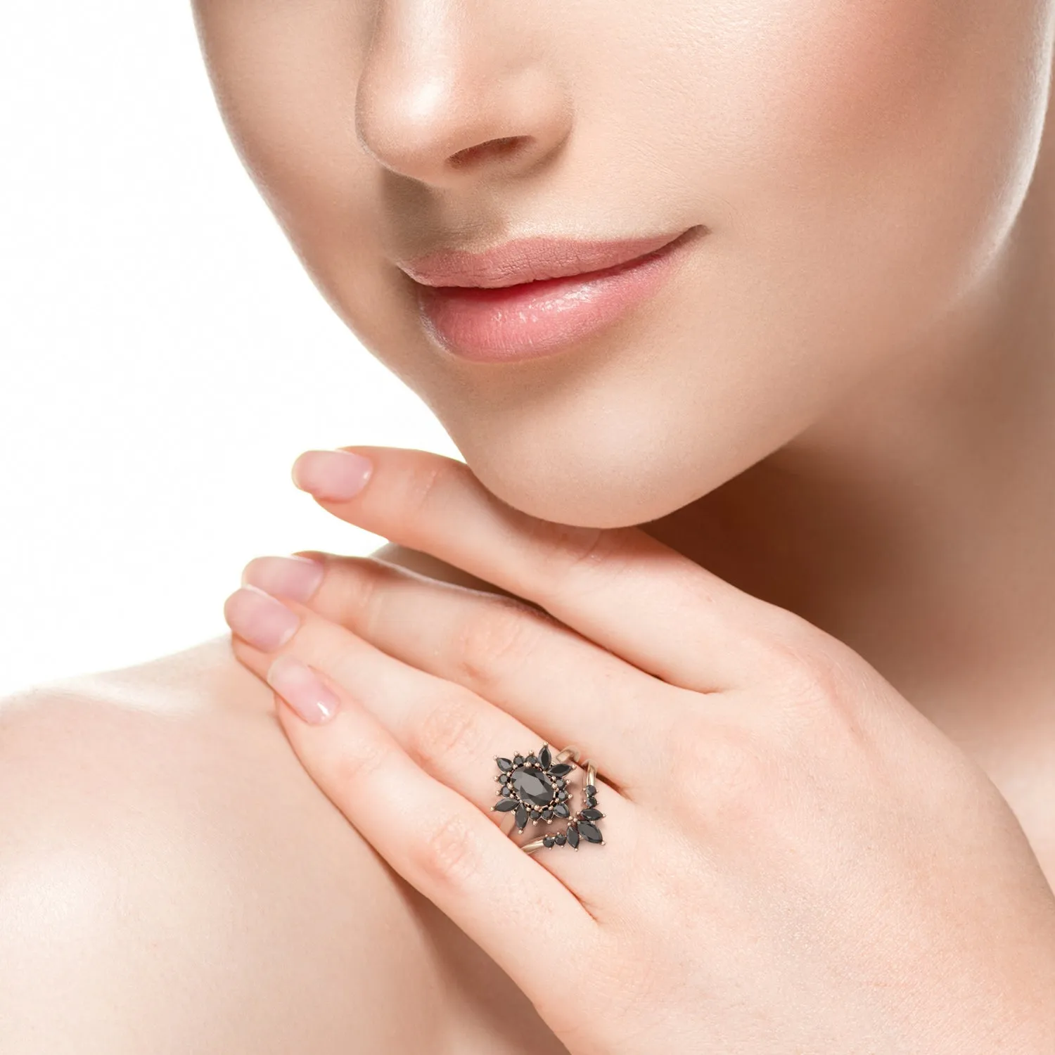 Cone Floral Wedding Ring with Round & Marquise Cut Natural Black Diamonds