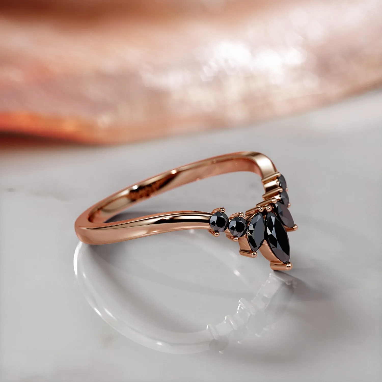 Cone Floral Wedding Ring with Round & Marquise Cut Natural Black Diamonds