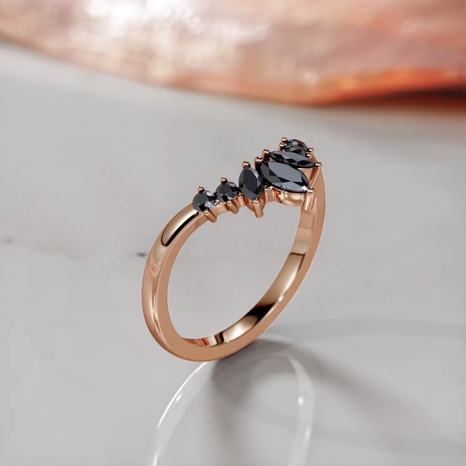 Cone Floral Wedding Ring with Round & Marquise Cut Natural Black Diamonds