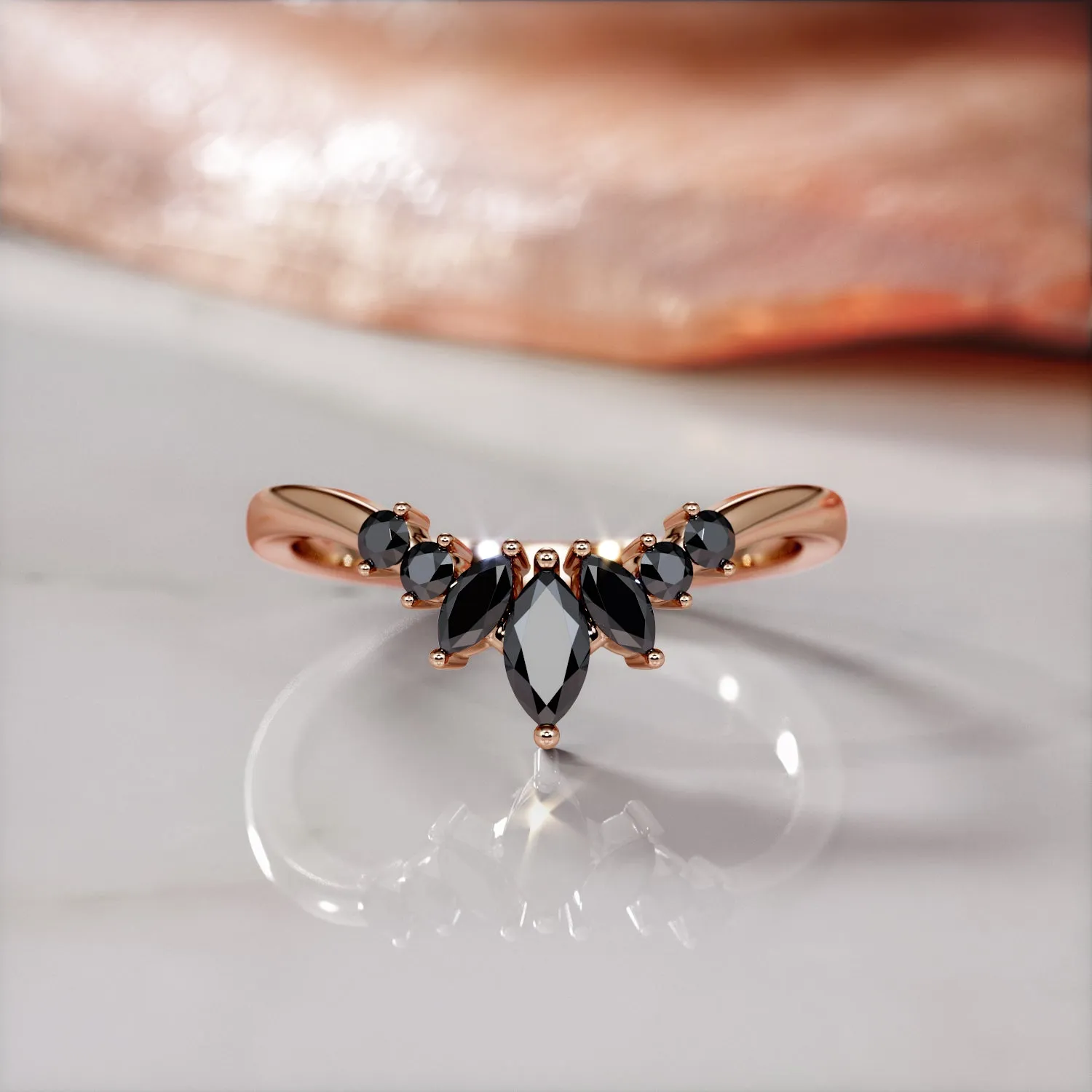 Cone Floral Wedding Ring with Round & Marquise Cut Natural Black Diamonds