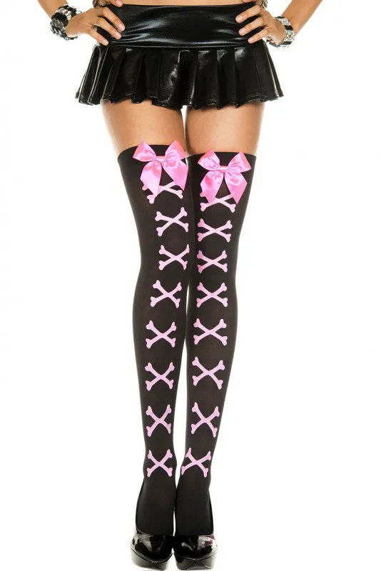 Cross Bone and Satin Bow Opaque Thigh Hi - One Size - Black / Pink