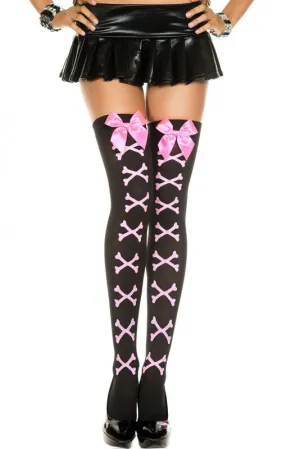 Cross Bone and Satin Bow Opaque Thigh Hi - One Size - Black / Pink