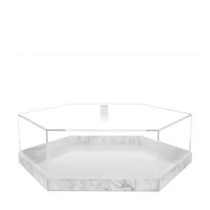 (D) Judaica Lucite Decorative Hexagon Cake Dome With Lid White Marble