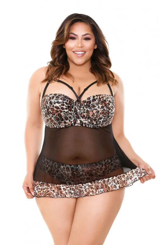 Delilah Babydoll and Panty - Leaopard Print/black - 3x4x