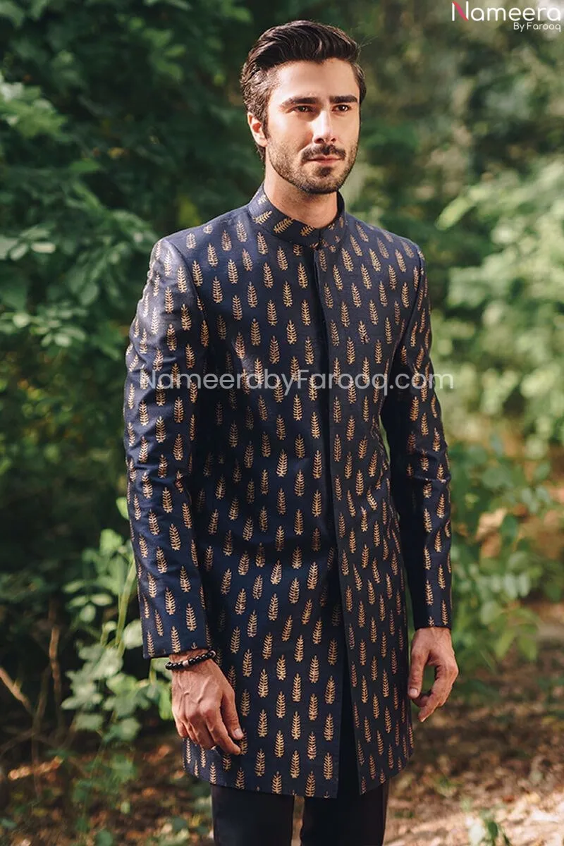 Embellished Pakistani Black Kurta Mens Sherwani #GN50