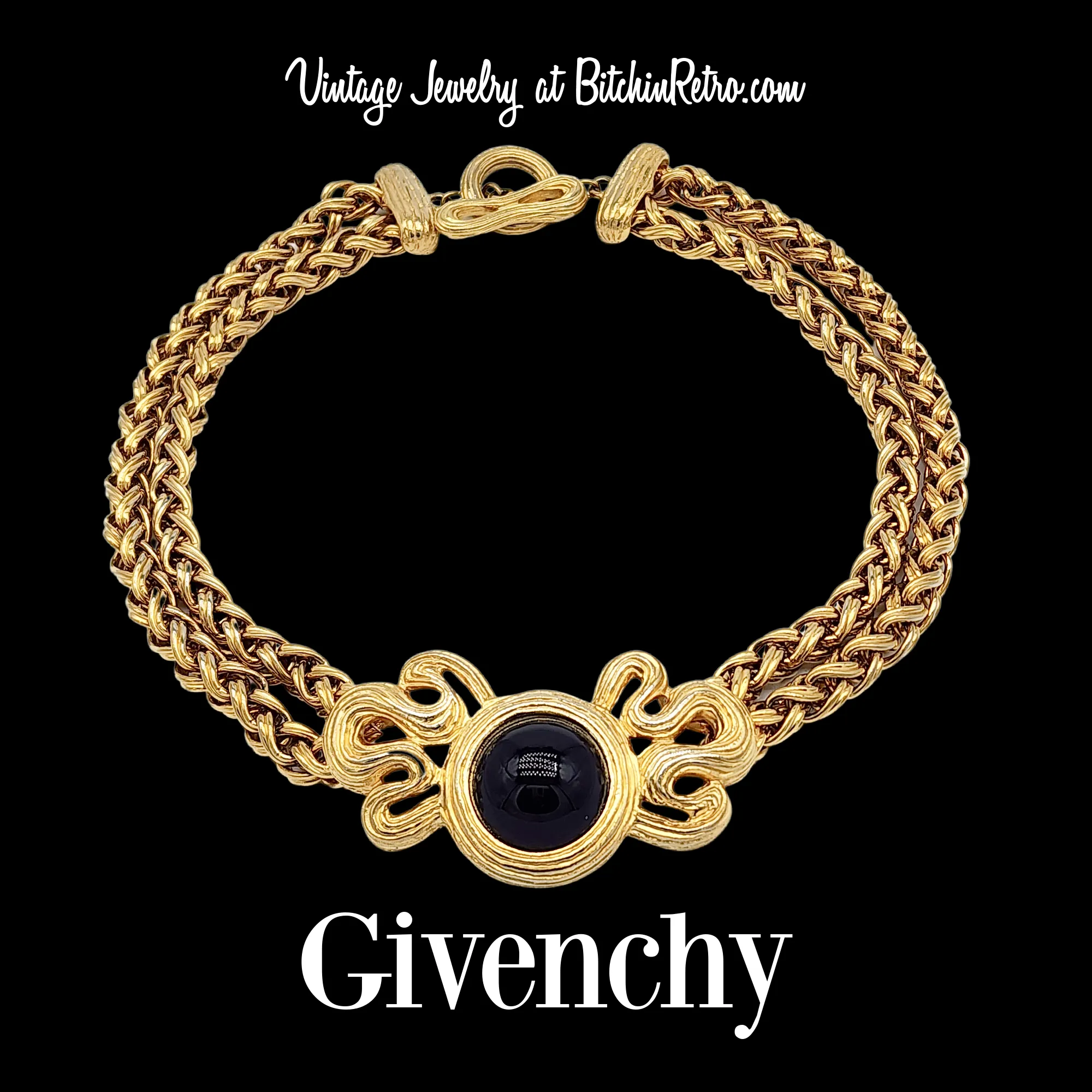Givenchy Vintage Black Cabochon Statement Necklace