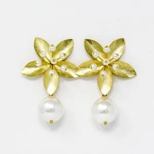 Golden Flower Pearly Statement Earrings