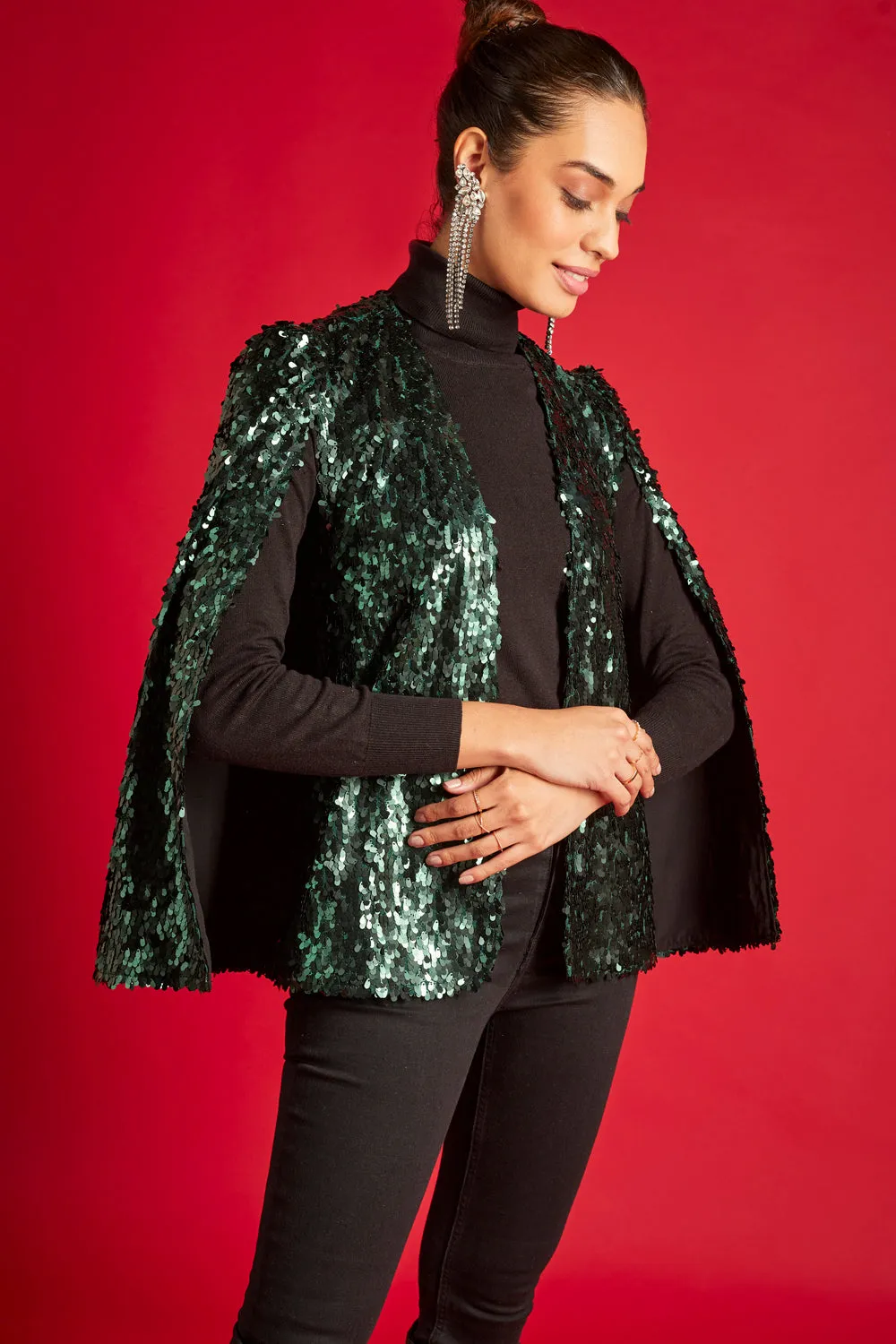 Green Sequin Statement Cape