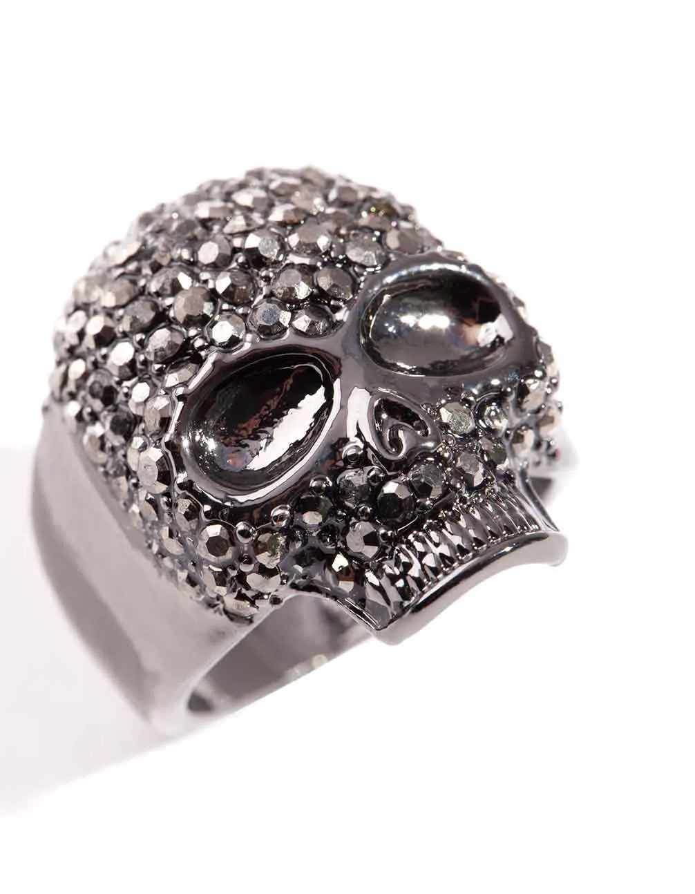 Gunmetal Diamante Skull Ring