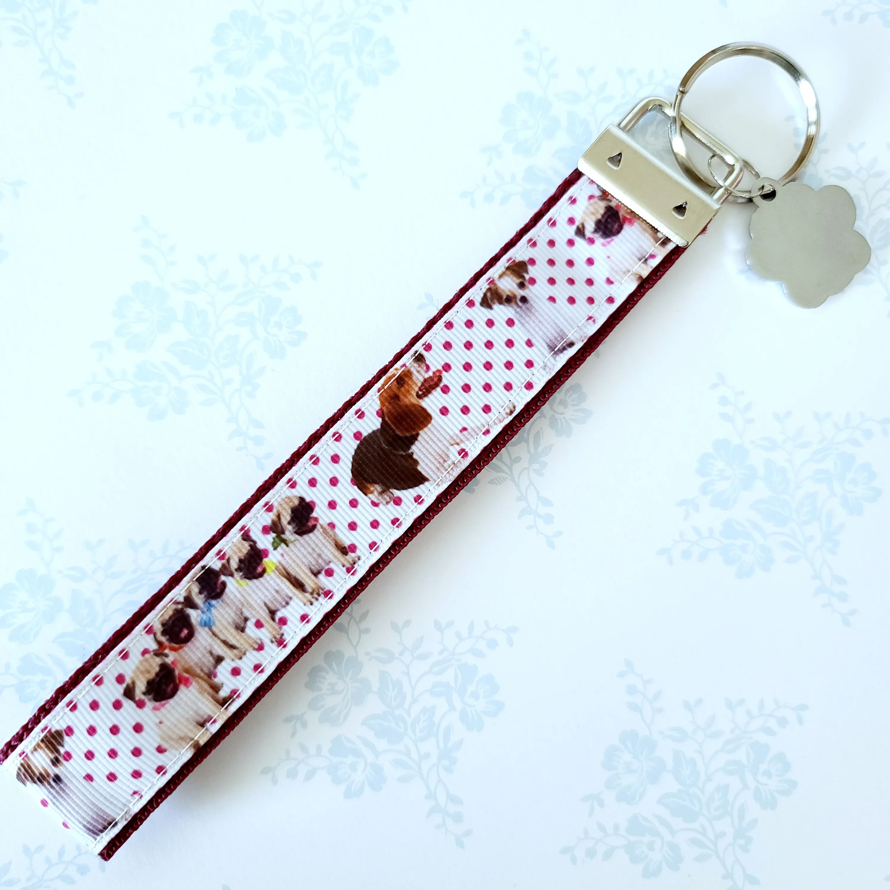 Hound & Pug on Polka Key Chain Fob with Silver Paw Charm