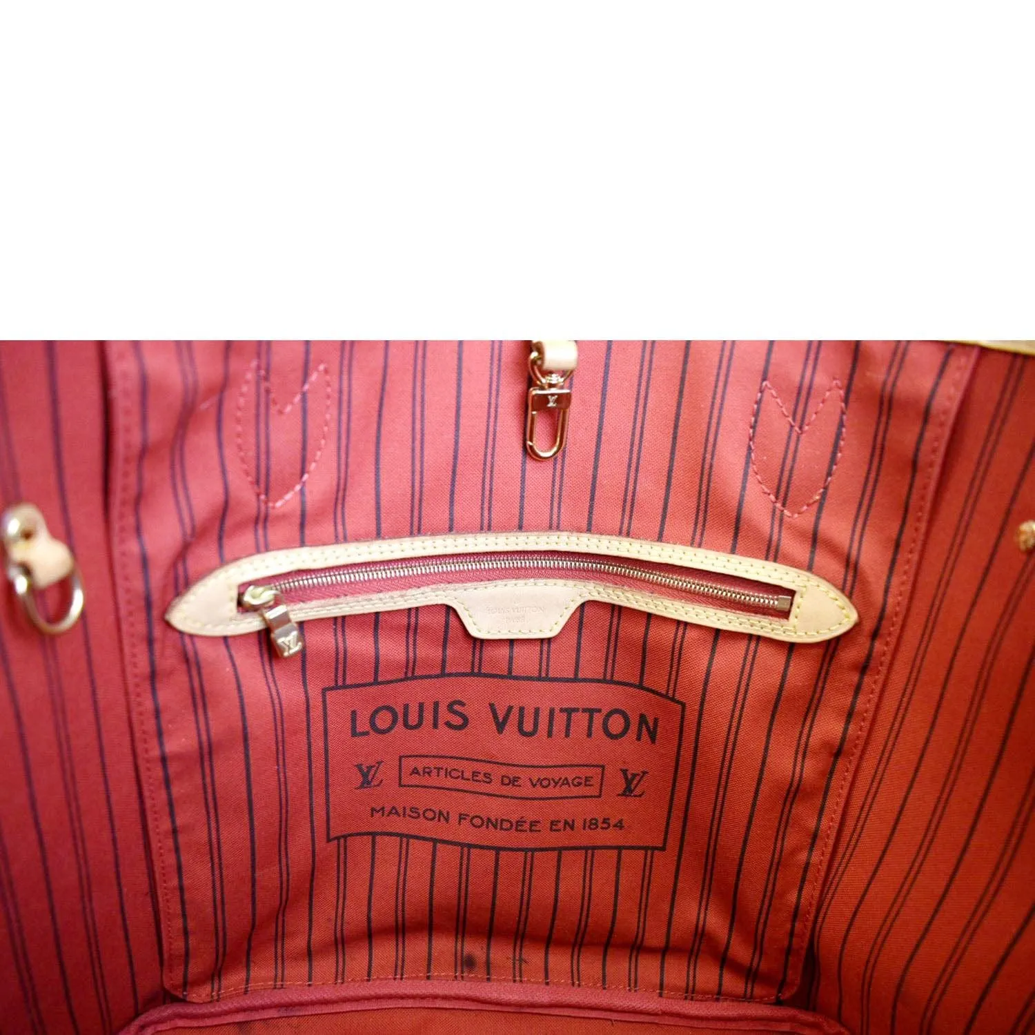 LOUIS VUITTON Neverfull MM Monogram Canvas Tote Bag Brown/Red
