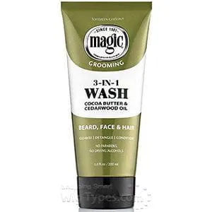 Magic Grooming 3 In 1 Wash Beurre de cacao et huile de bois de cèdre pour la barbe, le visage et les cheveux 177ml