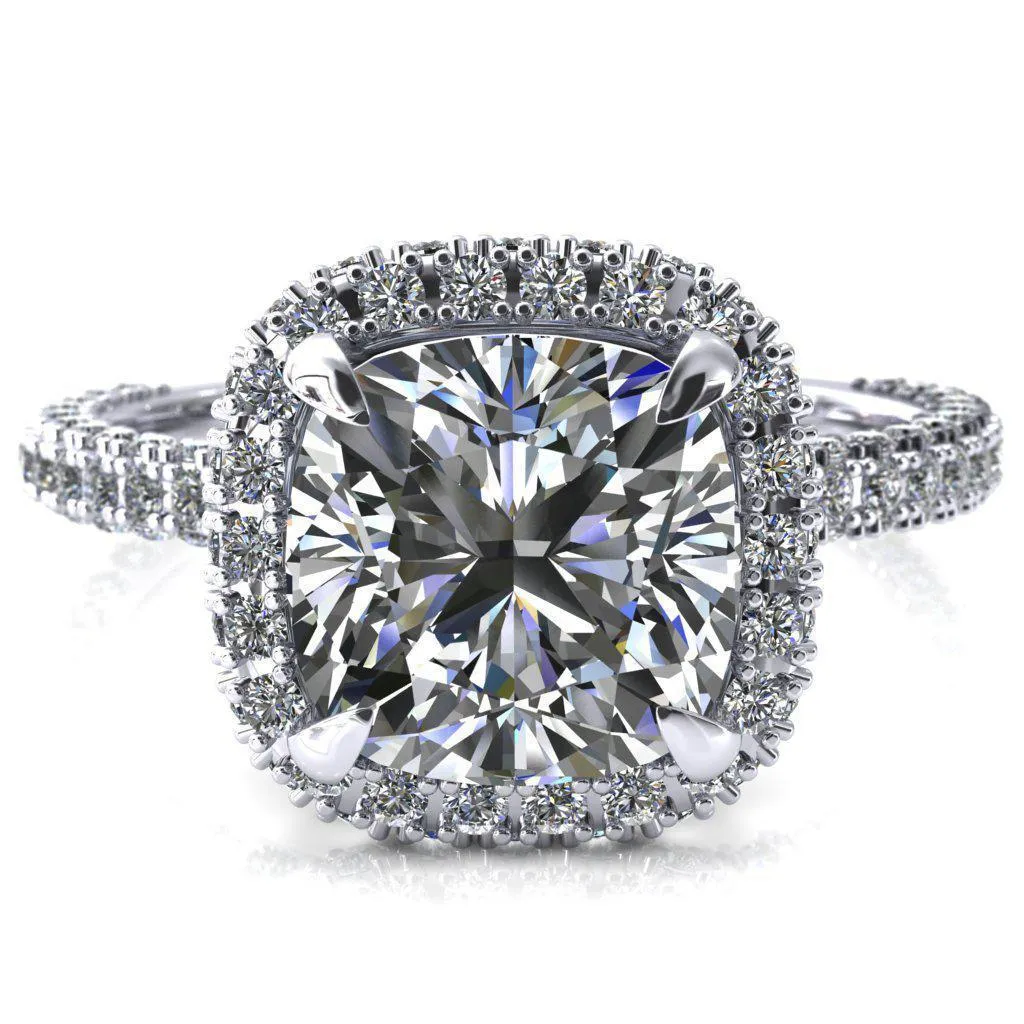 Mckinley Cushion Center Stone 4 Claw Prong Halo 3/4 Eternity 3 Sided Diamond Shank Engagement Ring