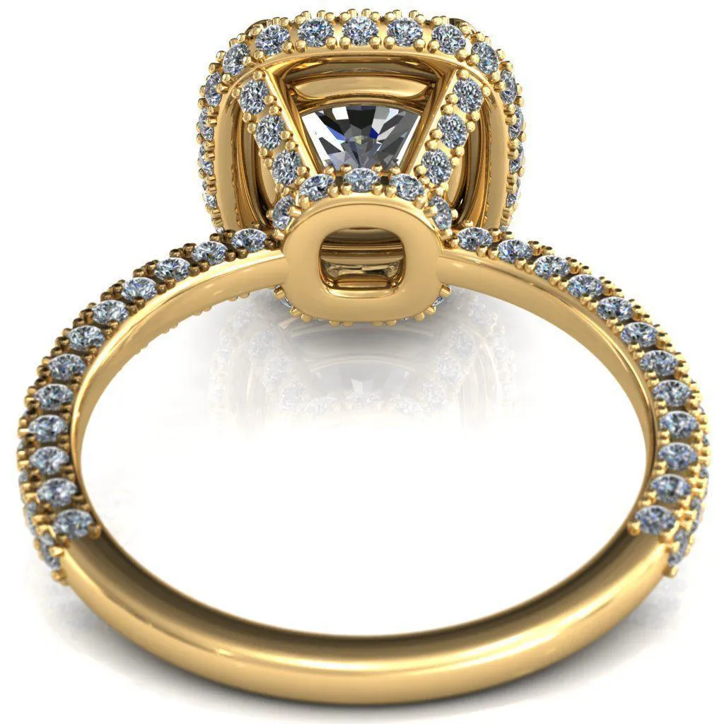 Mckinley Cushion Center Stone 4 Claw Prong Halo 3/4 Eternity 3 Sided Diamond Shank Engagement Ring