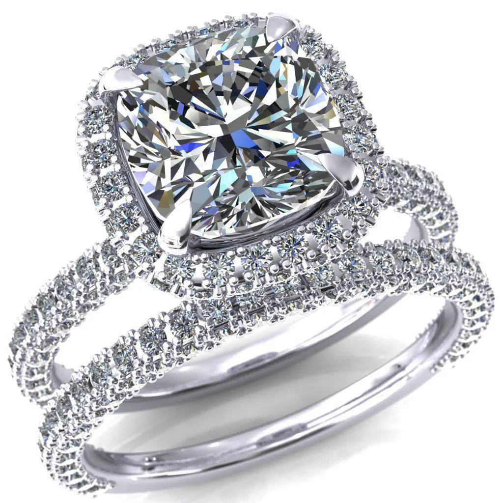 Mckinley Cushion Center Stone 4 Claw Prong Halo 3/4 Eternity 3 Sided Diamond Shank Engagement Ring