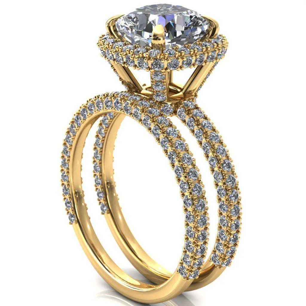 Mckinley Cushion Center Stone 4 Claw Prong Halo 3/4 Eternity 3 Sided Diamond Shank Engagement Ring