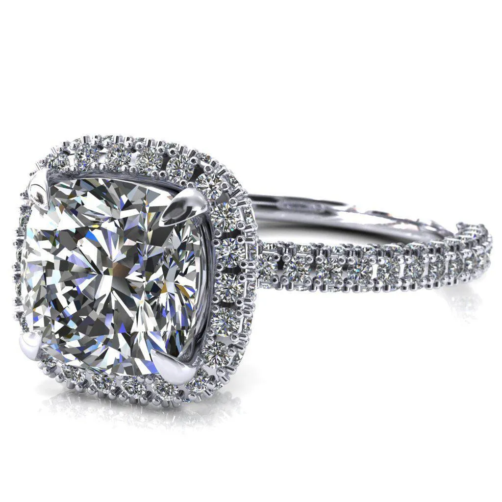 Mckinley Cushion Center Stone 4 Claw Prong Halo 3/4 Eternity 3 Sided Diamond Shank Engagement Ring