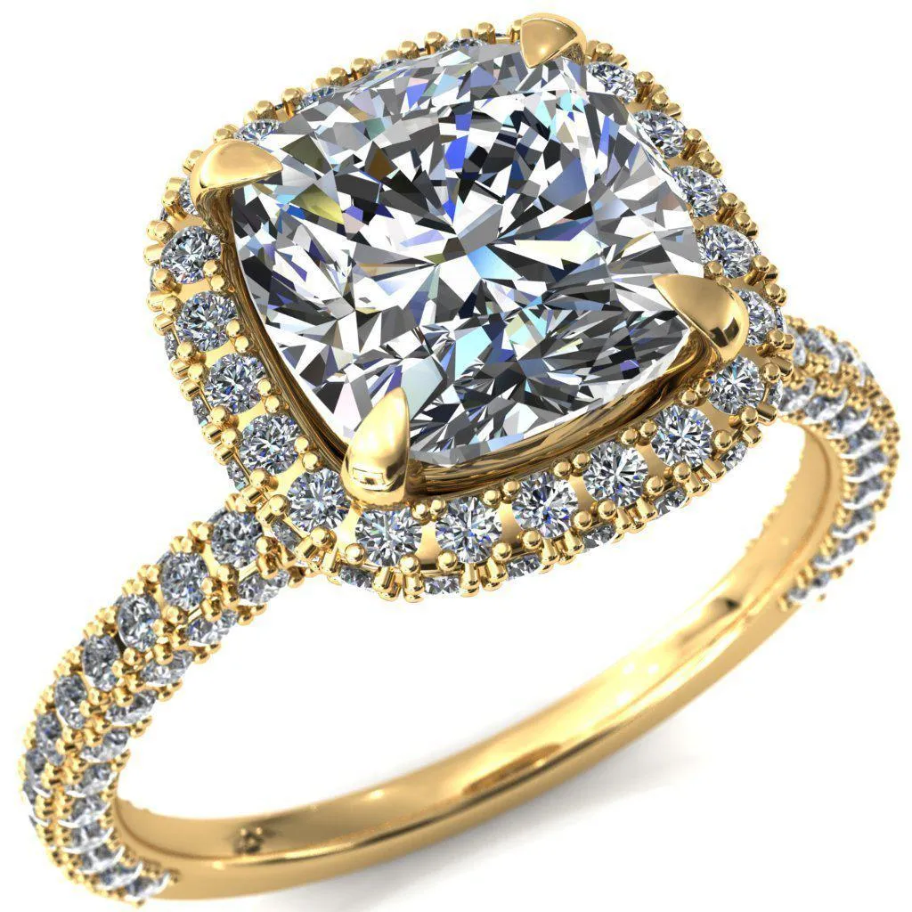 Mckinley Cushion Center Stone 4 Claw Prong Halo 3/4 Eternity 3 Sided Diamond Shank Engagement Ring